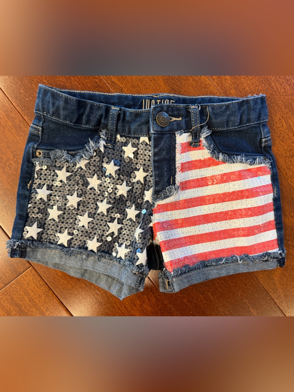 Justice Denim Shorts with Star & Stripe Sequin Panels - Blue/Red